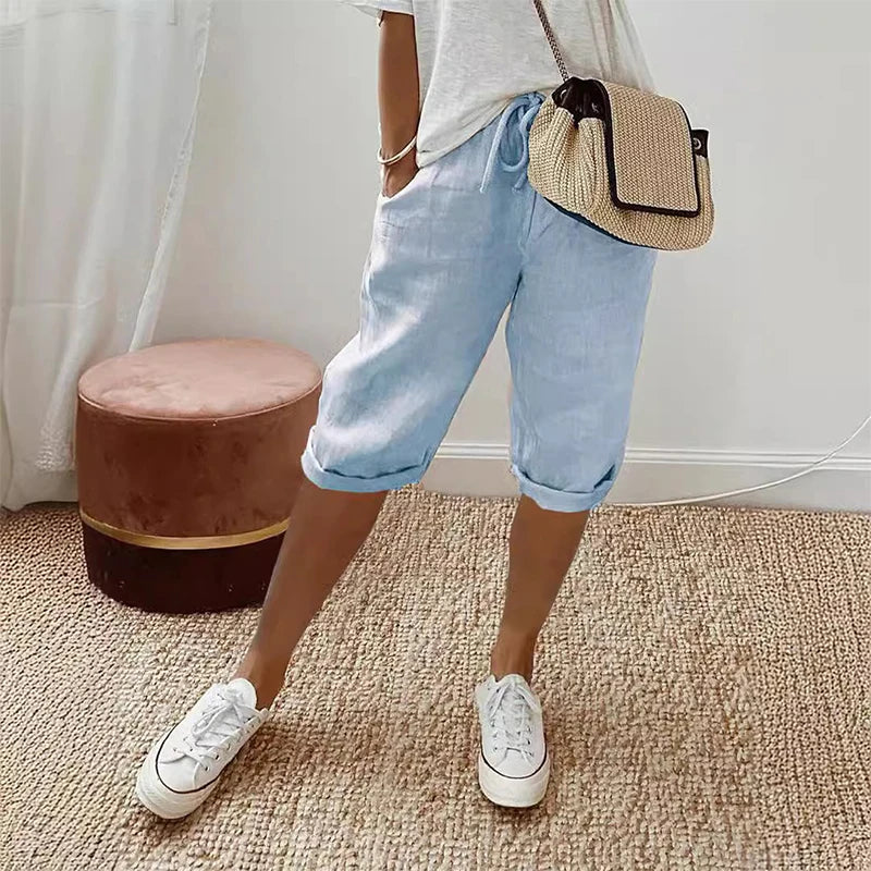 Women's Cotton Linen Pants, Elastic High Waist, Wide-Leg Shorts With Pocket Streetwear Ladies Pants