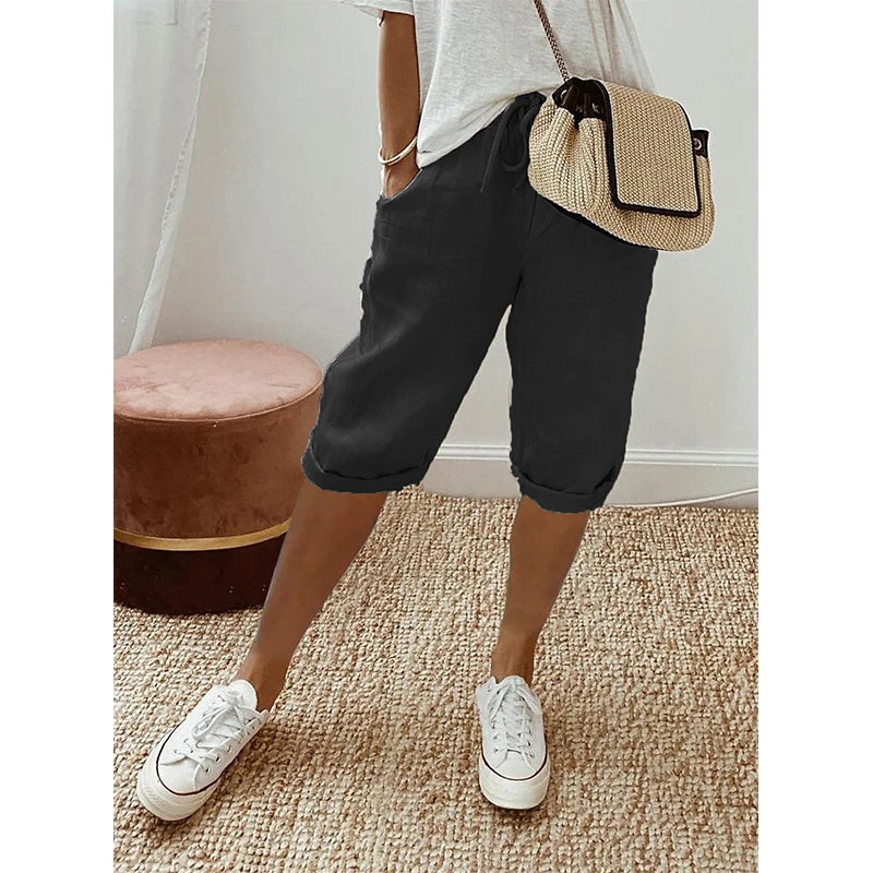 Women's Cotton Linen Pants, Elastic High Waist, Wide-Leg Shorts With Pocket Streetwear Ladies Pants