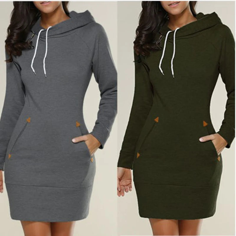 Women‘s Knee-Length Pockets Dress, Hooded Warm Sweat Shirt