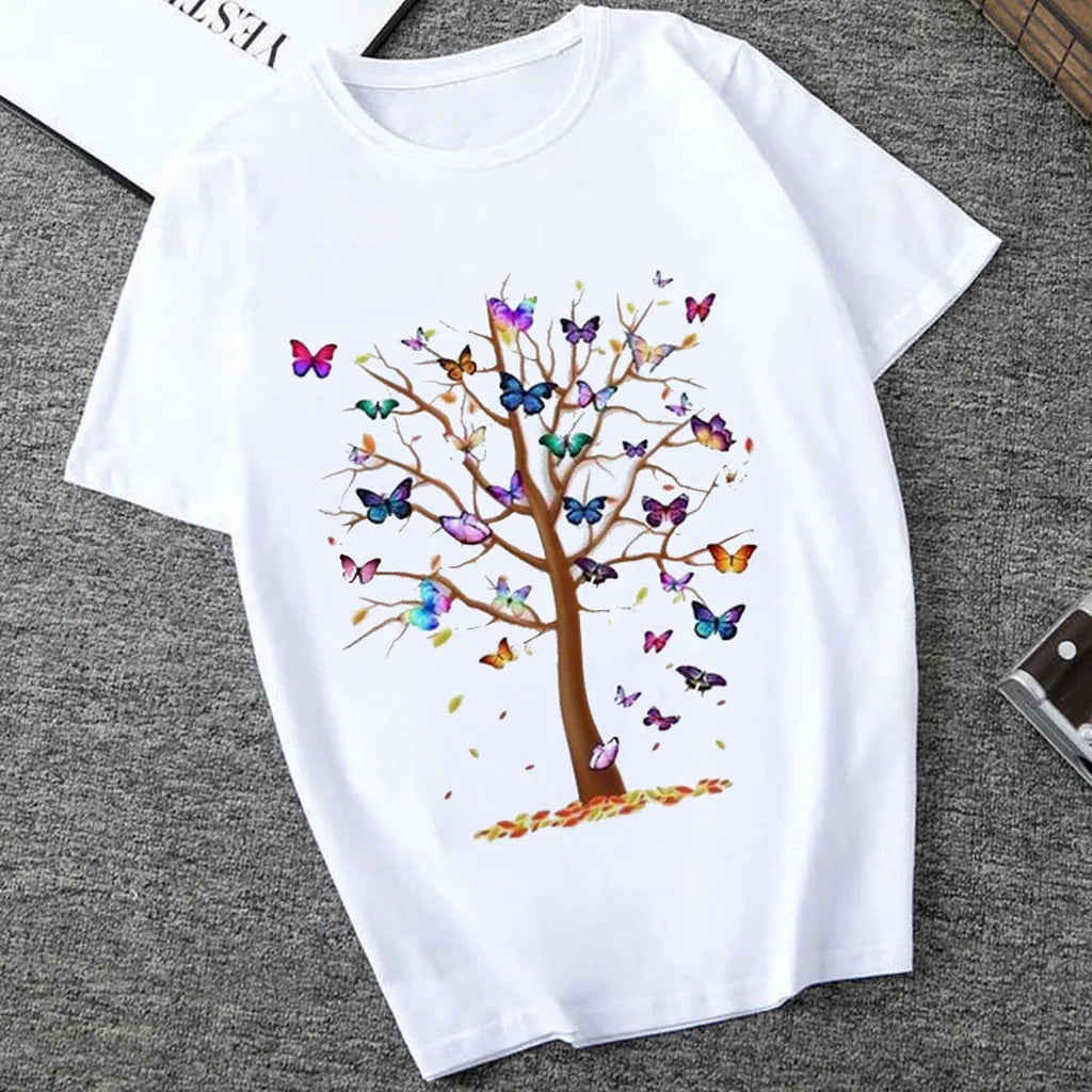 Butterfly Tree Print T-Shirt For Women