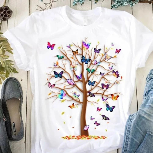 Butterfly Tree Print T-Shirt For Women