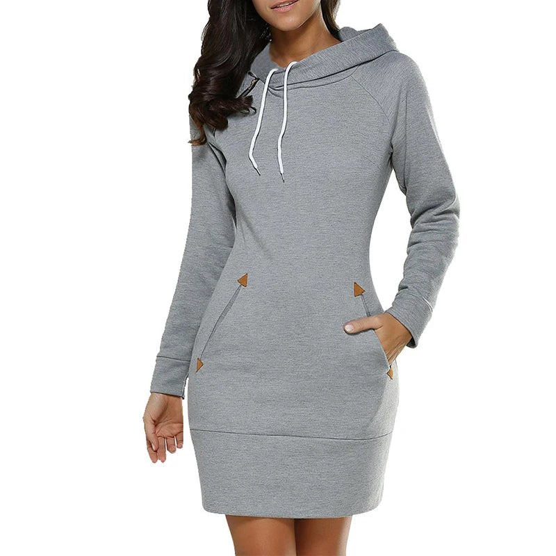 Women‘s Knee-Length Pockets Dress, Hooded Warm Sweat Shirt