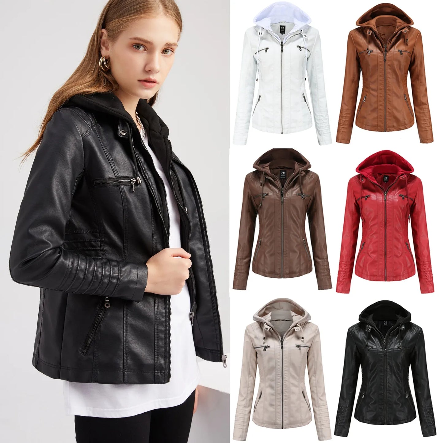 Women's Slim Fit Leather Hooded Zip Up Coat/Jacket