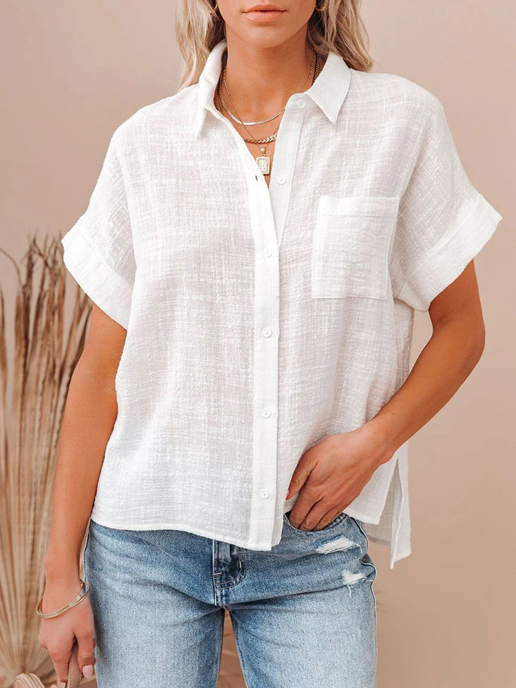 Women's Casual Solid Short Sleeve Cotton Linen Shirt