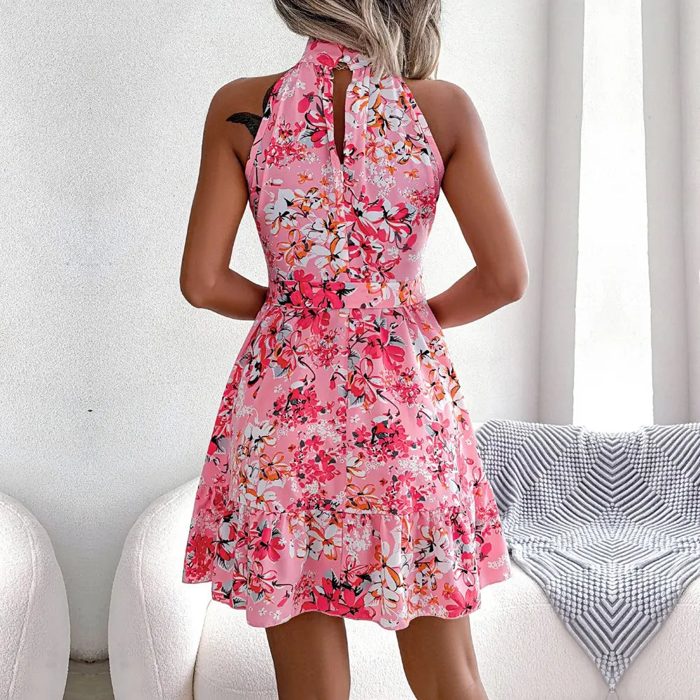 Floral Halter Neck Women Sleeveless Dress, Spring Summer Short Dress