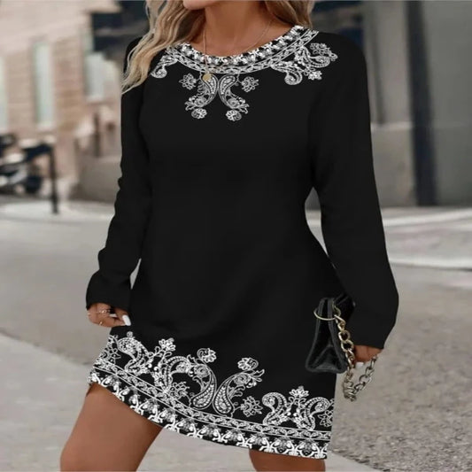 Vintage Dress Women Long Sleeve O Neck Floral Print Midi Dresses (Autumn/Winter)