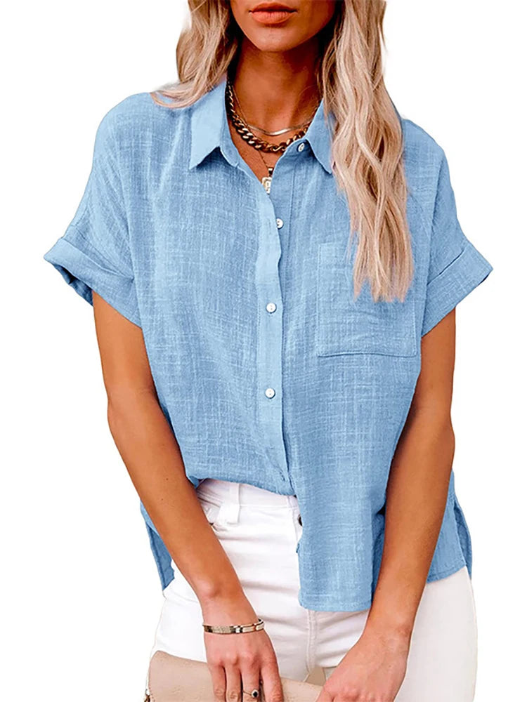 Women's Casual Solid Short Sleeve Cotton Linen Shirt