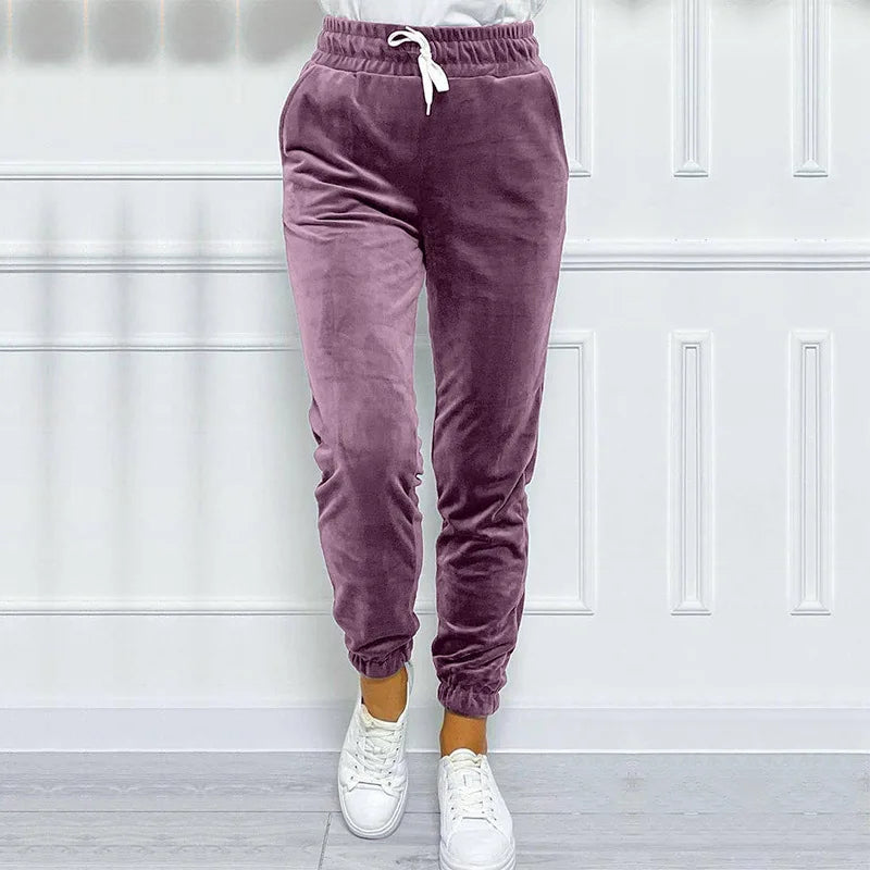 Solid Drawstring Velvet Jogger Pants, Comfy Pants For Fall & Winter