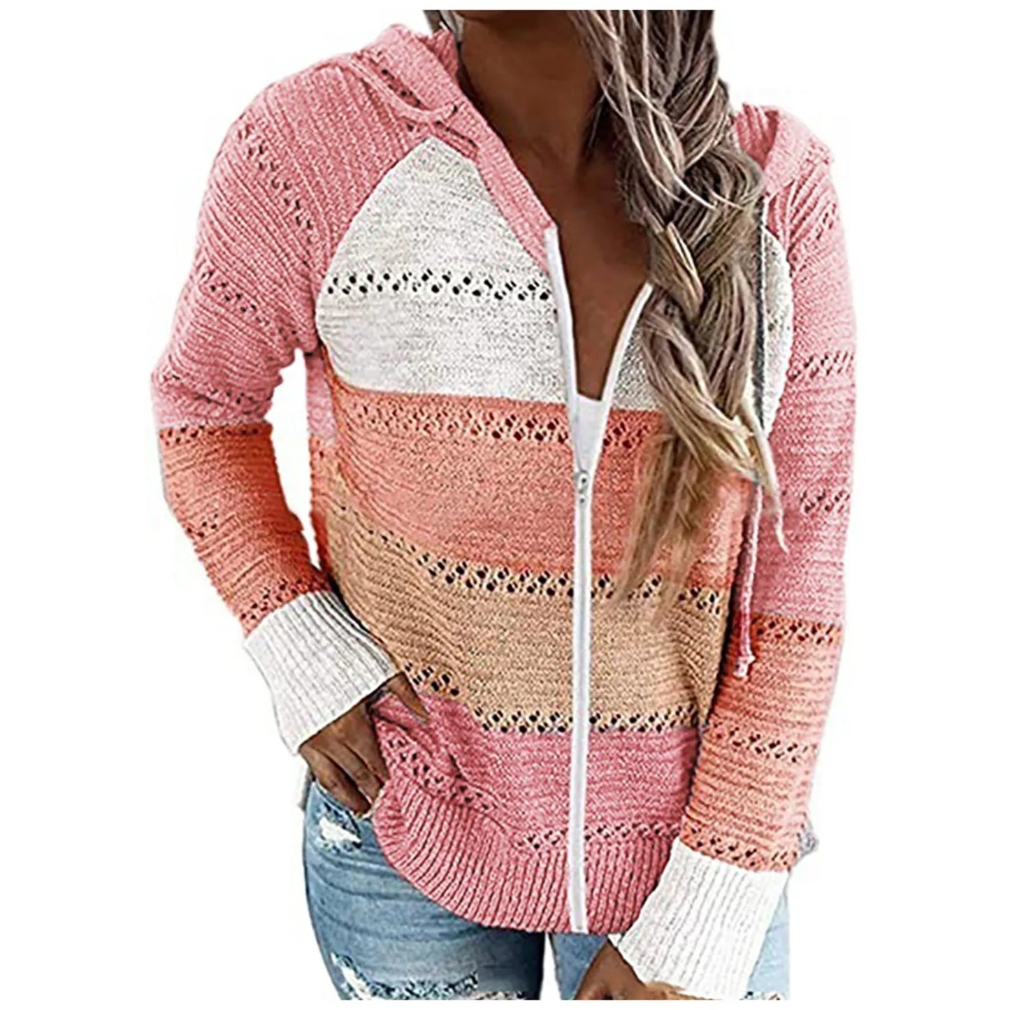 Women Casual Loose Hooded Zipper Tops/Neck Knit Long Sleeve Sweater