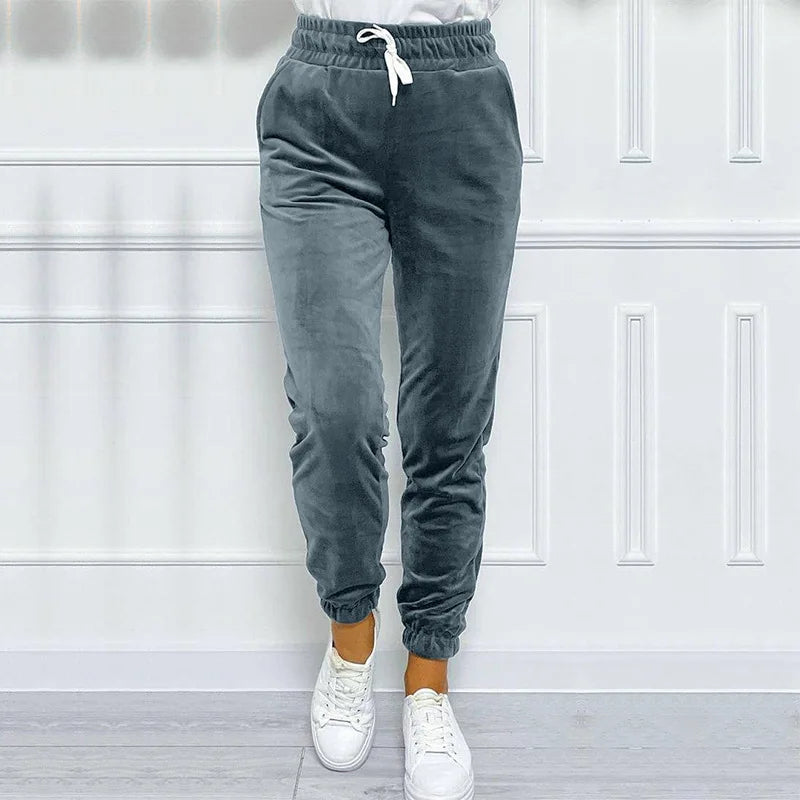 Solid Drawstring Velvet Jogger Pants, Comfy Pants For Fall & Winter