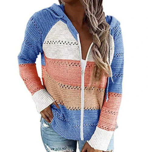 Women Casual Loose Hooded Zipper Tops/Neck Knit Long Sleeve Sweater