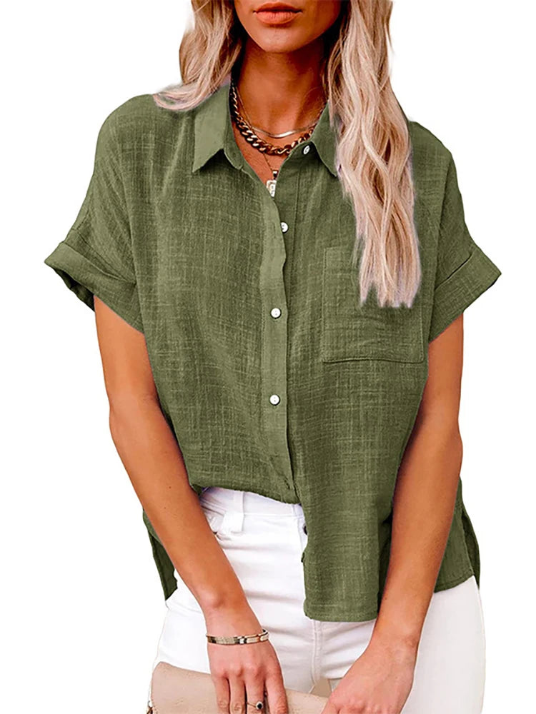 Women's Casual Solid Short Sleeve Cotton Linen Shirt