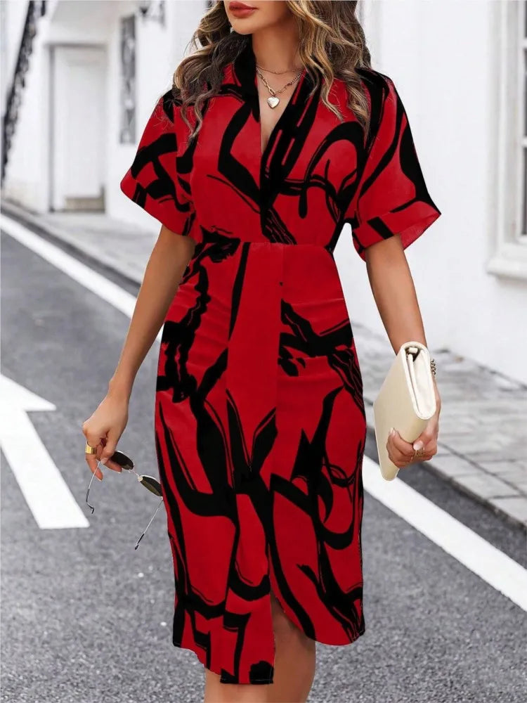 Spring Women's New Dress, Printed V-neck Five-quarter Sleeve Dress