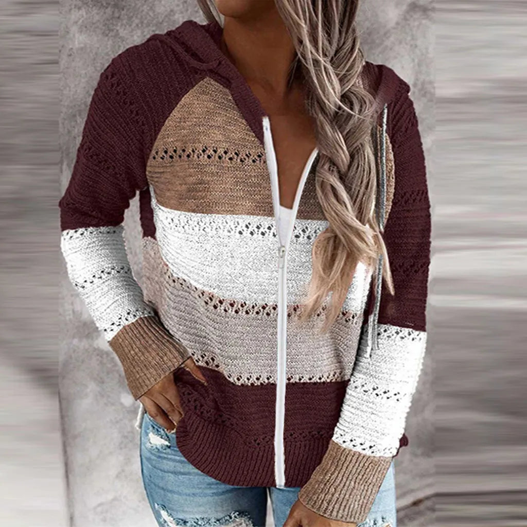 Women Casual Loose Hooded Zipper Tops/Neck Knit Long Sleeve Sweater