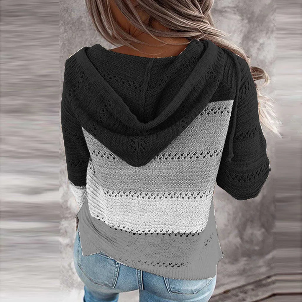 Women Casual Loose Hooded Zipper Tops/Neck Knit Long Sleeve Sweater