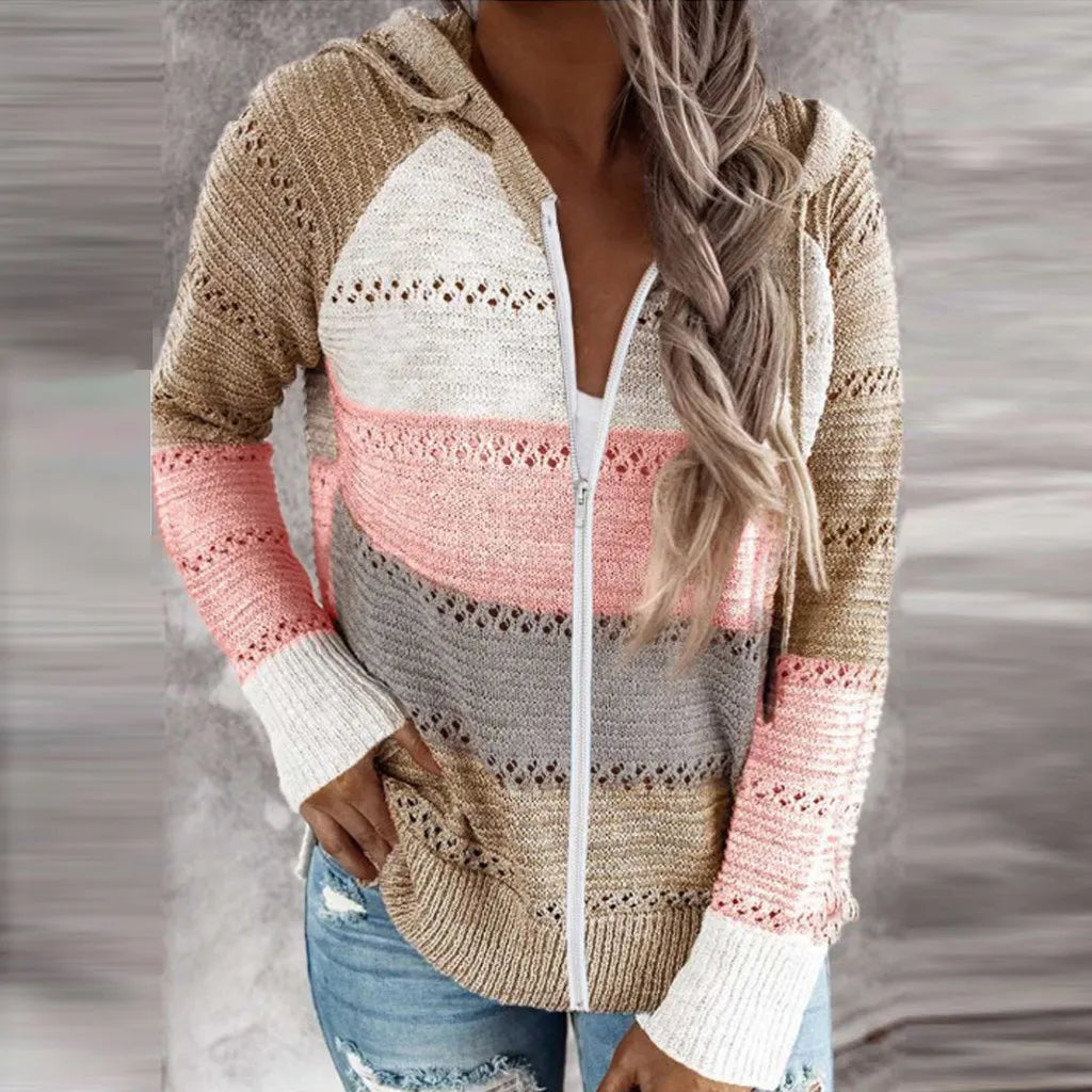 Women Casual Loose Hooded Zipper Tops/Neck Knit Long Sleeve Sweater