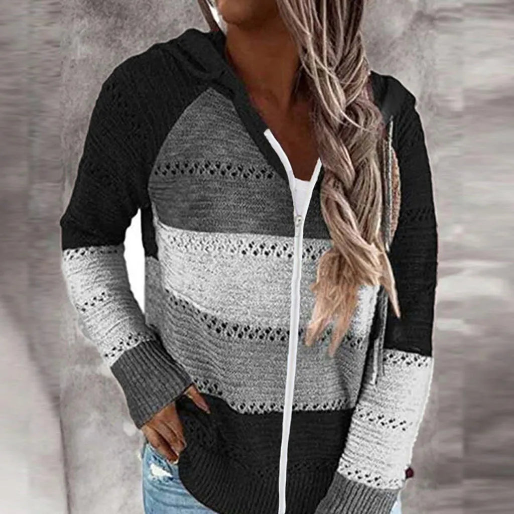 Women Casual Loose Hooded Zipper Tops/Neck Knit Long Sleeve Sweater