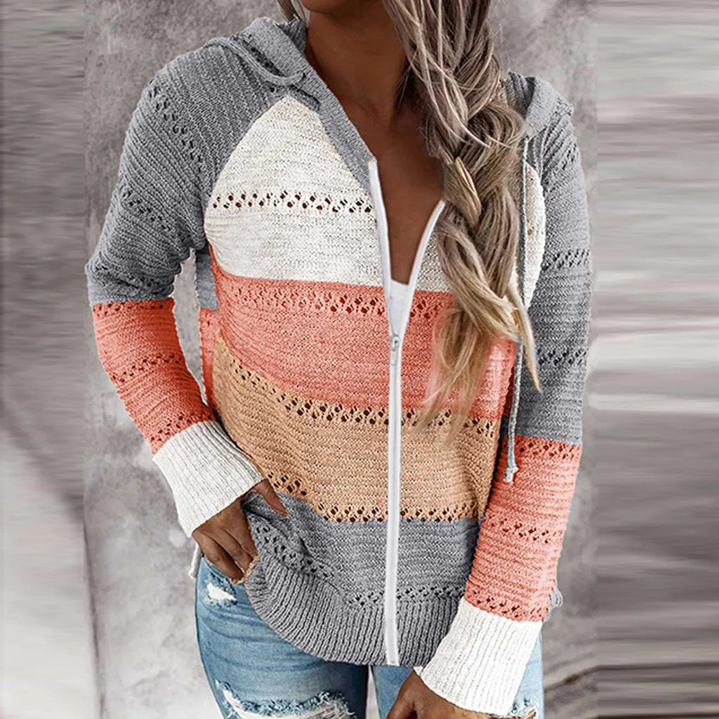 Women Casual Loose Hooded Zipper Tops/Neck Knit Long Sleeve Sweater