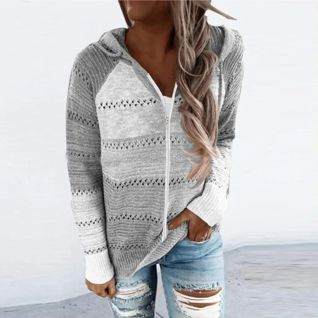 Women Casual Loose Hooded Zipper Tops/Neck Knit Long Sleeve Sweater