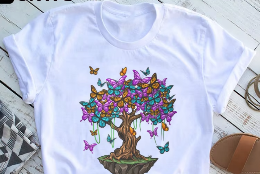 Butterfly Tree Print T-Shirt For Women